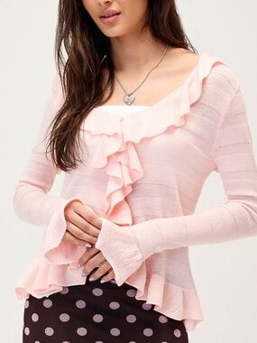 Cherry Paris boho light pink touch of wool ruffled cardigan NWT